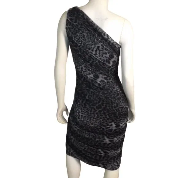 TADASHI SHOJI Evening Dress, XL, Grey Animal Print, Jeweled One Shoulder, Ruched - Picture 7 of 15